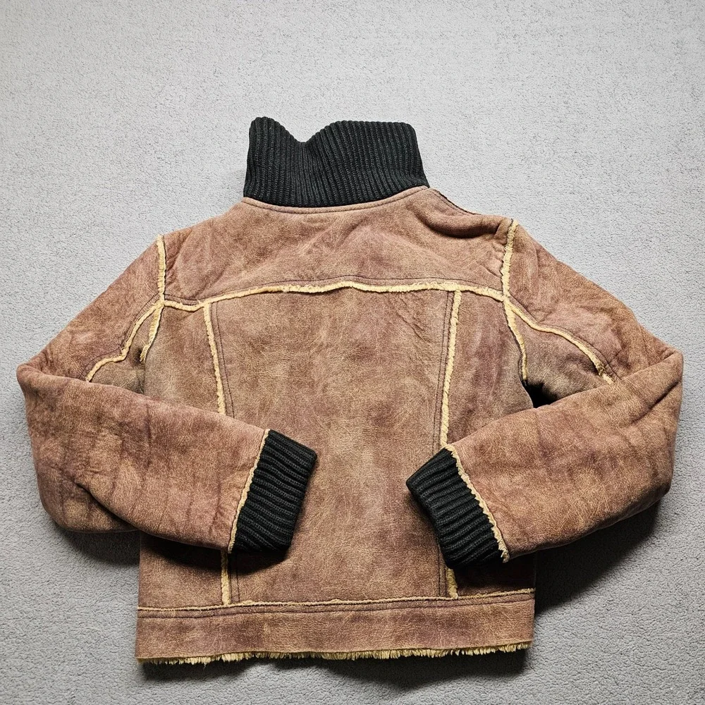 DKNY Faux Shearling‎ Jacket Girls Large Brown Lined Ribbed Collar Button Front